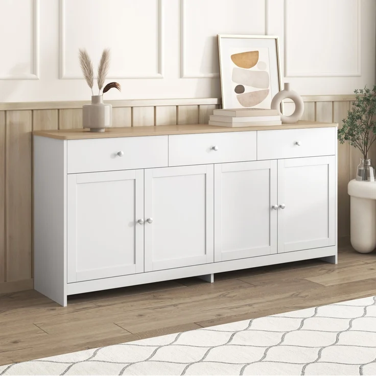 DESVIAE Sideboard mit 3 Schubladen und 4 Türen, 160x75x37 cm, MDF und Spanplatte, Weiß/Holzfarbe – Bild 6