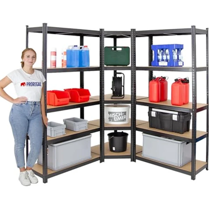 PROREGAL Mega Deal Eckregal Ragnar 1x: 180 x 70 x 40 cm | 2X: 180 x 90 x 40 cm Schwarz Fachlast 175kg, Kellerregal, Steckregal, Garagenregal, Lagerregal – Bild 4