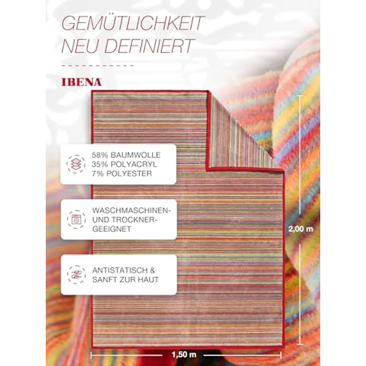 Ibena Malang Wolldecke 150x200 cm - Baumwollmix weich, warm & waschbar, Kuscheldecke Streifen bunt – Bild 4