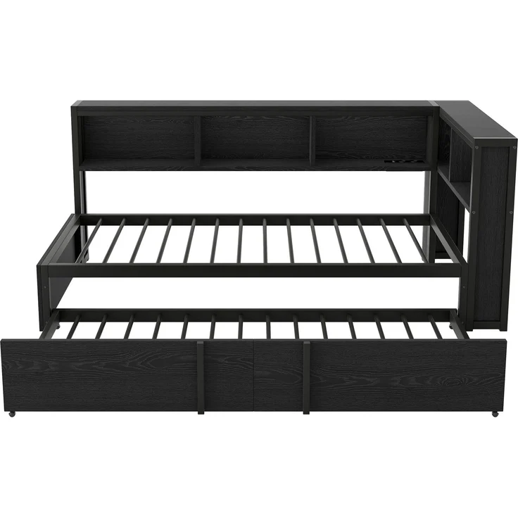 Metall-Tagesbett 90x200 cm mit Ausziehbett, 5 Stauschränken, LED-Beleuchtung und USB-Ladestation, Schwarz – Bild 6