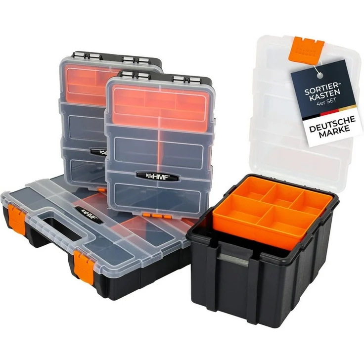 HMF Sortimentskasten Sortierbox leer, Sortimentskasten für Werkzeug und Kleinteile (Set, 4 Boxen), 49 Fächer, transparenter Deckel, Schwarz-Orange – Bild 5