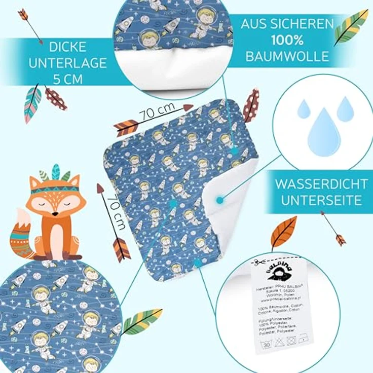 Balbina® Wickelunterlage Wasserdicht Wickeltischauflage für Wickelkommoden baumwolle 70x70 I Kosmos – Bild 4