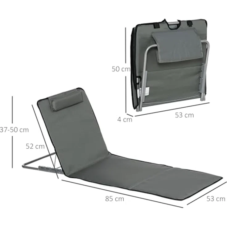 Outsunny Strandmatte 2er Set, Faltbare Strandliege mit Kopfkissen, 5-stufig höhenverstellbare Strandmatratze, Grau, inkl. Tragetasche und Stahlrahmen – Bild 3