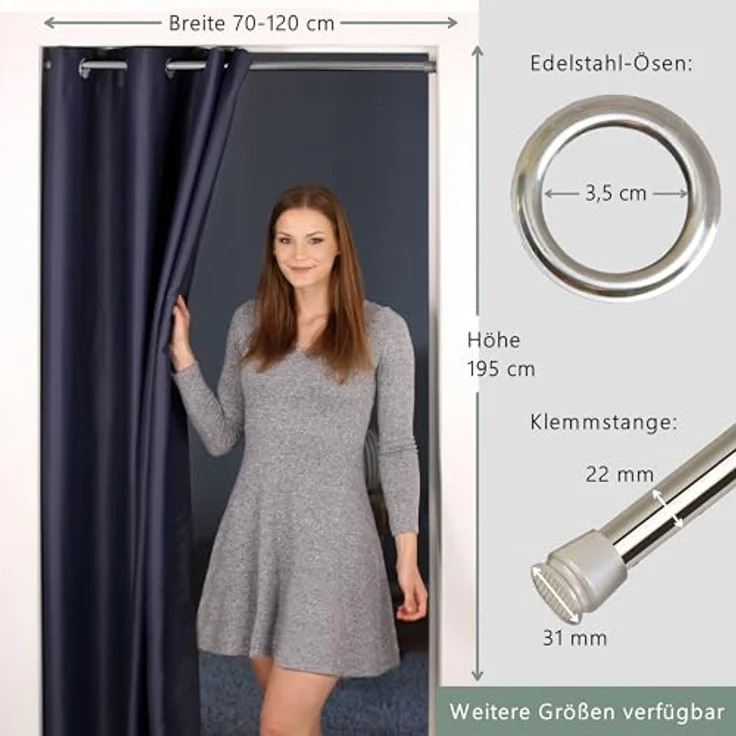 tinycurtains Türvorhang mit Stange silber 70-120 cm Thermo Vorhang ohne Bohren, blickdicht, Ösen, abdunkelnd, Polyester, dunkelblau Ocean, Türgardine mit Klemmstange Raumtrenner verdunkelnd – Bild 9