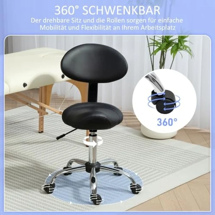 HOMCOM Drehhocker Hocker Bürohocker Sattelhocker mit Rückenlehne (höhenverstellbar Rollhocker, 1 St, 360° drehbar Arbeitshocker), für Büro Salon Massage Spa Schwarz – Bild 5
