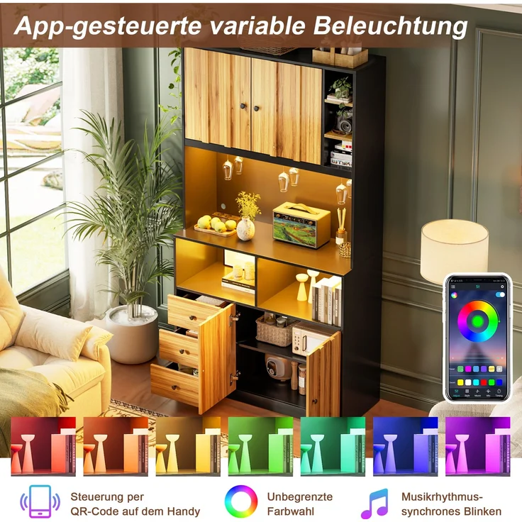 180 cm Küchenschrank, Hochschrank mit LED, Küchenregal mit Steckdose, Weinregal und Vitrine für Küche & Esszimmer--Schwarz + Natur--100x40x180cm--YOUDENOVA – Bild 5