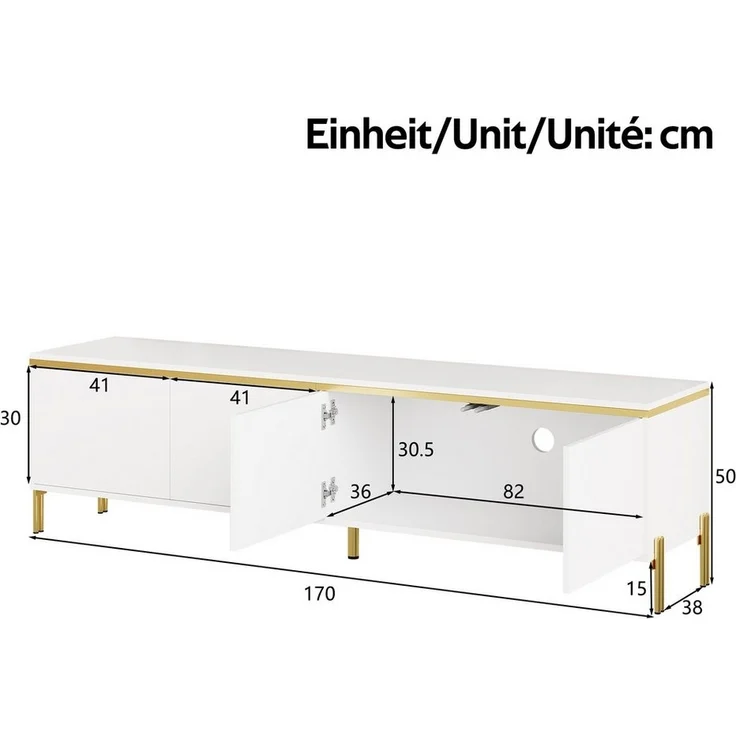 BlingBin TV-Schrank TV-Ständer Hochglanz-Lowboard 170CM (1-St, mit 4 Türen, Metallfüße mit goldfarbenen Akzenten) Kabeldurchführung, modernes TV-Lowboard für Wohnzimmer – Bild 3