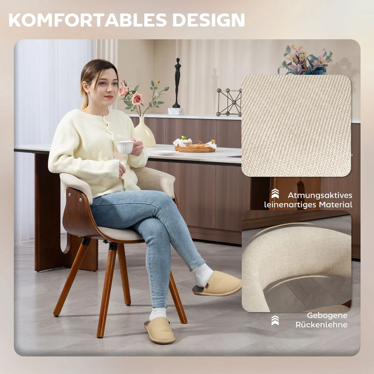 MELAYR, Esszimmerstuhl 2er Set Küchenstuhl mit Rückenlehne, Leinenoptik, 62 x 55 x 75 cm, Beige – Bild 6