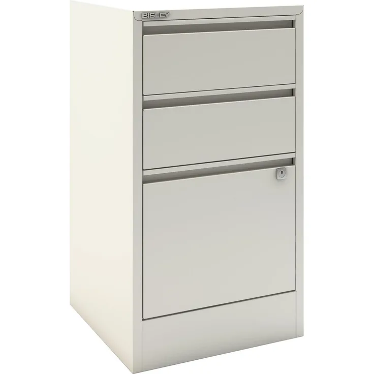 Bisley Home Filer Beistellschrank mit Schloss aus Stahlblech, 2 Universal-Schubladen + 1 Hängeregistratur-Schublade einbahnig abschließbar - für Hängemappen & Büromaterial - Farbe: weiß, HF3-696