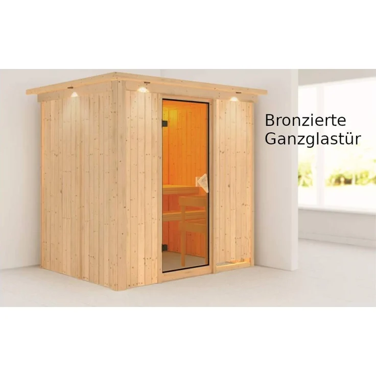 Karibu Sauna Bodin mit Dachkranz + 9kW Saunaofen mit ext. Steuerung Easy Graphit-Ganzglastür – Bild 5