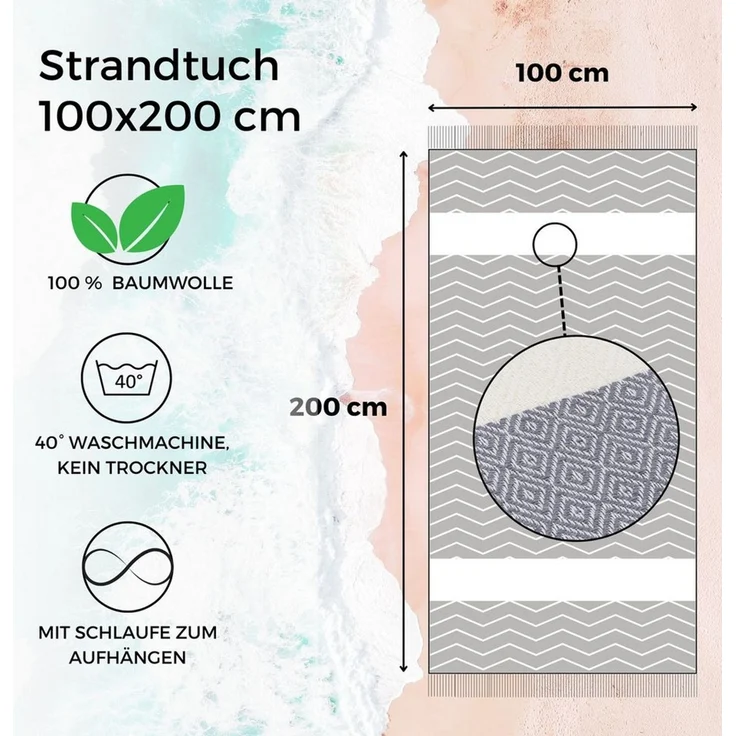 furora HOLIDAY Strandtuch groß 100x200 cm Strand Tuch, aus Baumwolle, Hamamtuch Badetuch, leicht, lang, dünn & kompakt – Bild 3