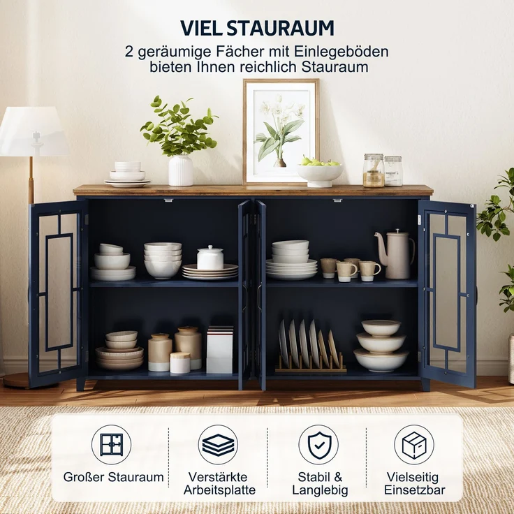 Merax 160cm Küchen-Sideboard mit Glastüren, einem geräumigen Staufach, einer Arbeitsplatte in Holzoptik und einer Kippsicherung, Blau – Bild 5