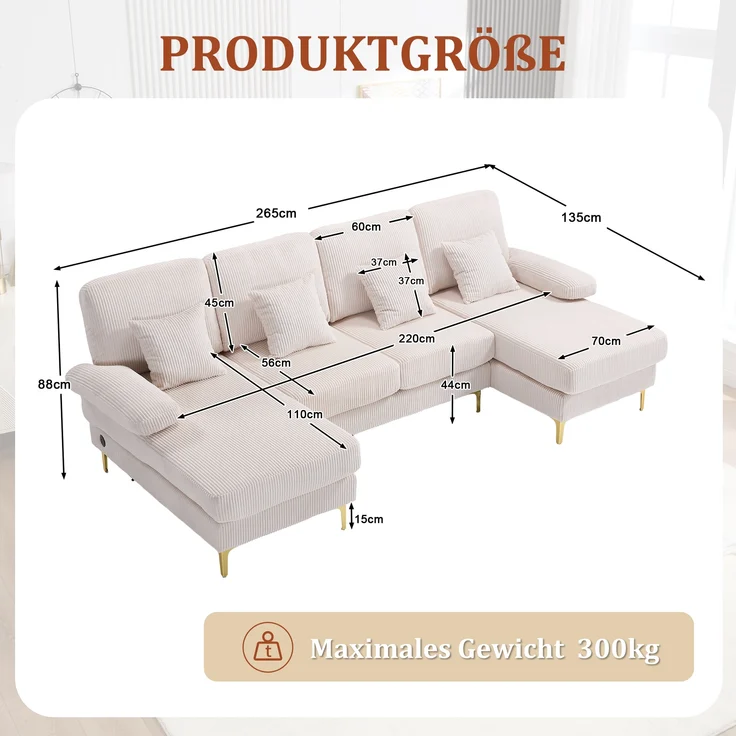 LVHOM U-Form Ecksofa mit Schlaffunktion & LED-Beleuchtung, Wohnzimmersofa mit USB-Anschluss, Cord Stoff Couch Sofa – Bild 2
