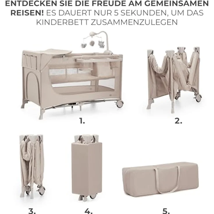 Kinderkraft Joy 2 Acc Kinderbett, 3 in 1 Kinderreisebett, Babybetten, Kinderbett, Reisebett, Modernes Design, Kleine Abmessungen nach Zusammenklappe, Praktisches Zubehör, Räder, Beige – Bild 4