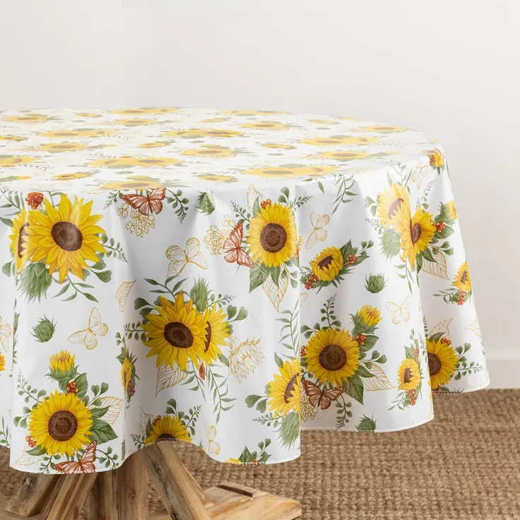 Elrene Home Fashions Sunflower Season Vinyl-Tischdecke mit Blumenmuster, Wasser- und schmutzabweisend, für drinnen und draußen, mit Flanell-Rückseite, 177,8x177,8 cm, rund