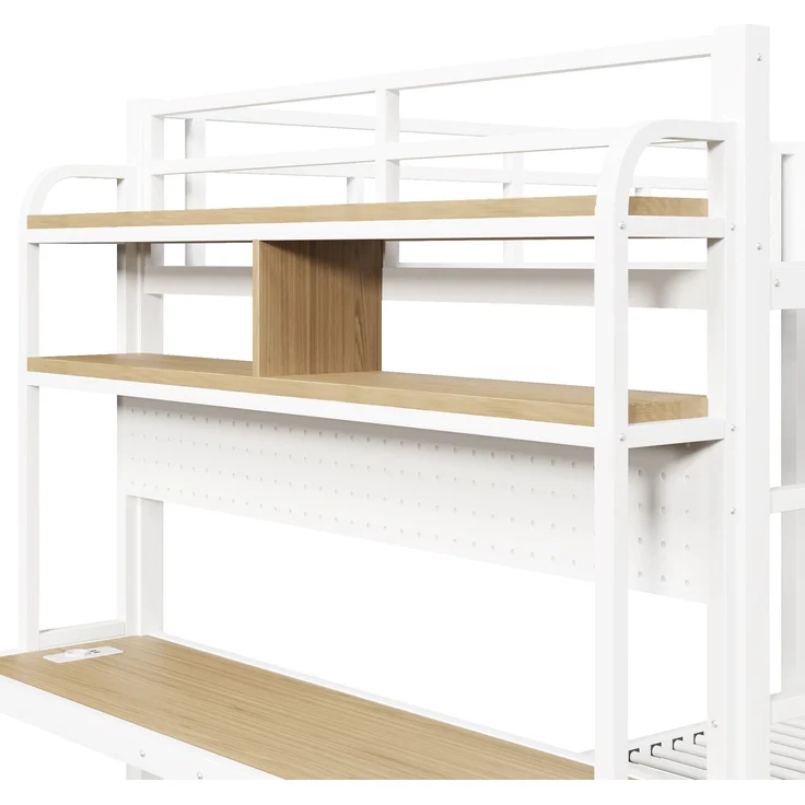 EINHOM Etagenbett, 140 x 200 cm, Eisenrahmen, Ablagefach, Schreibtisch, mit LED-Lichtleiste, USB-Anschluss, Sicherheitsgeländer, Leiter, Weiß (Ohne Matratze) – Bild 7