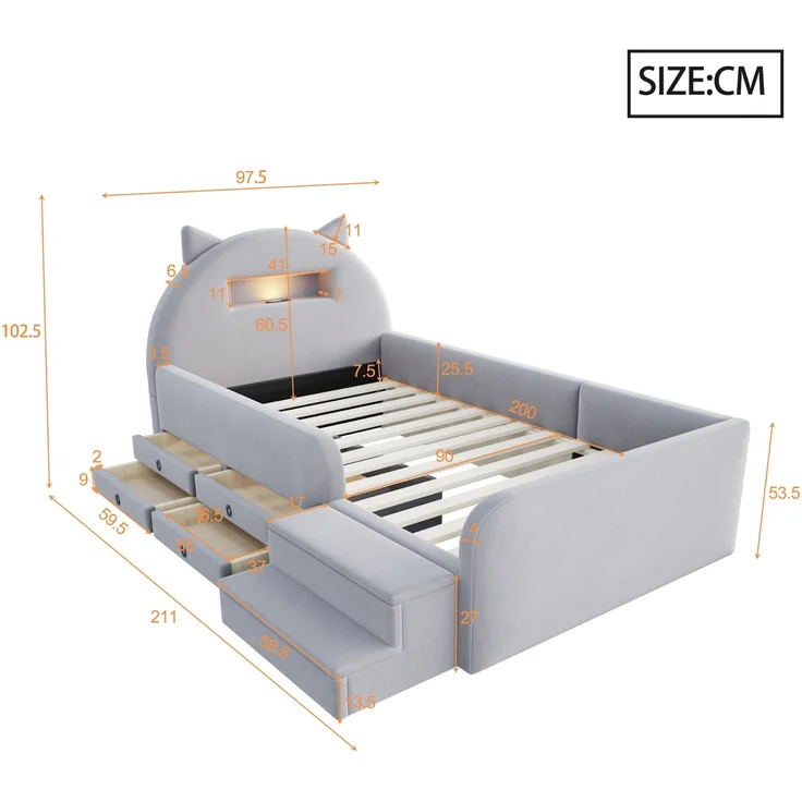 LVHOM Kinderbett 90x200cm mit Rausfallschutz, Polsterbett mit Nachtlicht, USB, Schubladen und Stufenbank, Samt, Hellgrau – Bild 7
