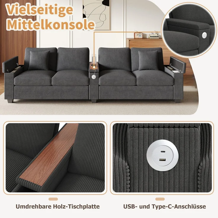 Big-Sofa mit Mehrfachsteckdosen und Stauraum, USB und Type-C, 4-Sitzer, inkl. loser Rückenkissen, Cord Bezug – Bild 4