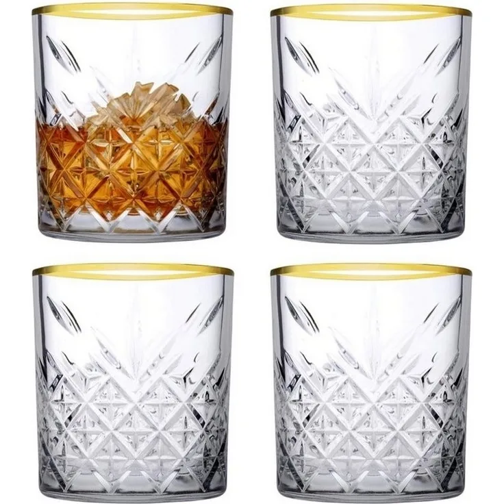 Pasabahce 52790 Whisky Glas Tumbler Timeless im Kristall-Design, Höhe 9,6 cm, 345 ml, 4 Stück, Retro-Design gold