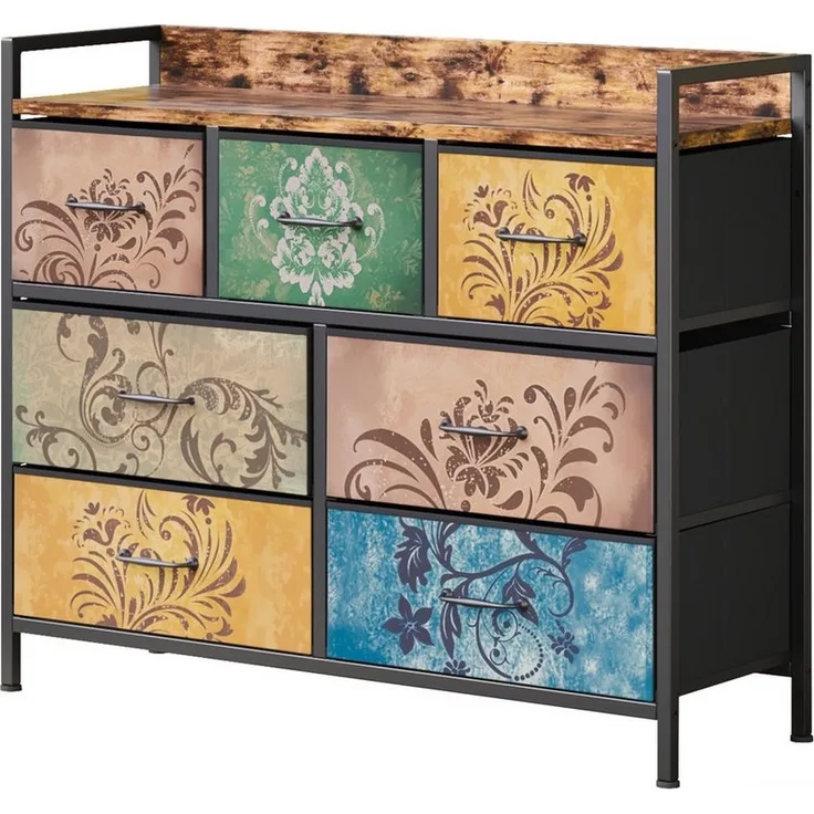 Mondeer Kommode Schubladenschrank, mit 7 Blumenstoff Schubladen aus Vliesstoff,mit Metallrahmen
