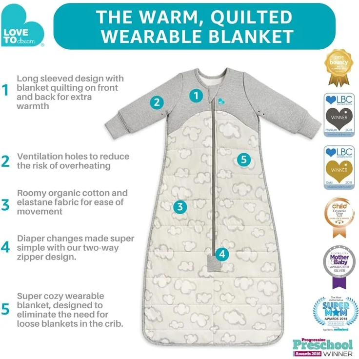 Love To Dream Schlafsack warm, 6–18 Monate, Südpolgrau, 2,5 Tog für Kälte (16–20 °C), Langarm und Steppdecke, maschinenwaschbare Baumwolle, 2 Reißverschlüsse, Von Hebammen empfohlen – Bild 3