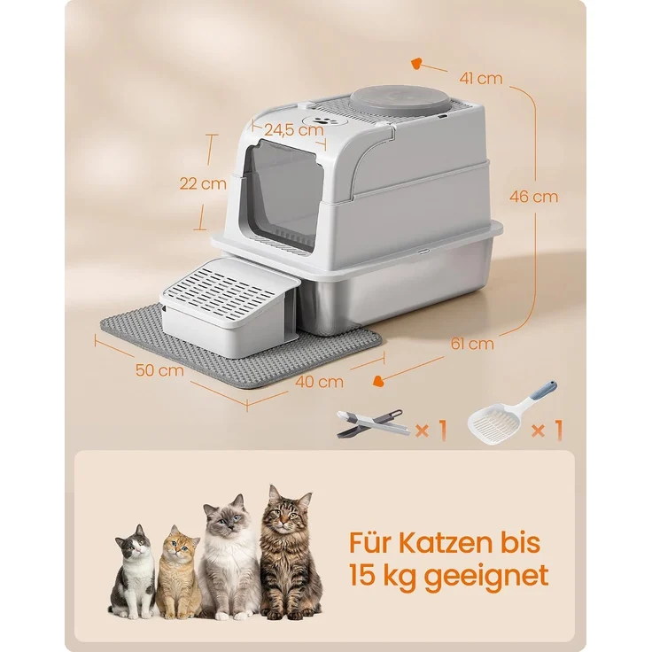 FEANDREA Katzenklo aus Edelstahl, geschlossene Katzentoilette mit Deckel und 2 Eingängen, mit Schaufel und Bürste, hellgrau – Bild 5