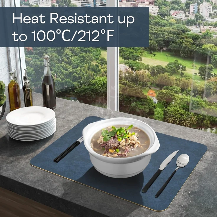 ABC 6-teiliges wasserfestes und hitzebeständiges Esstischset aus PVC-Leder, für Küche, Esszimmer und Hotel, 40 x 30 cm, blau und gelb – Bild 4