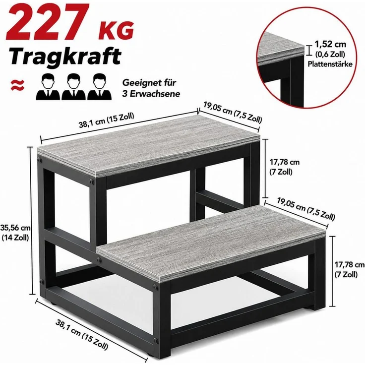 BlingBin Tritthocker Zweistufige Trittstufe aus Metallrahmen & Holzoberfläche, Trittschemel (Badezimmer Hocker, Trittleiter klein, Hocker Metallrahmen, Hocker Holzplatte, 1 St, 38 x 38 x 36 cm Trittleiter klein), Tritthocker bis 227 kg, rutschfest, für... – Bild 4