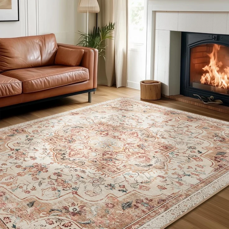 SONGMICS HOME Vintage Teppich, 80x150 cm, Wohnzimmerteppich, Schlafzimmerteppich, Waschbarerteppich, Rutschfester Teppich, für Küche, Flur, Esszimmer, cappuccinobeige TAR037K01 – Bild 1