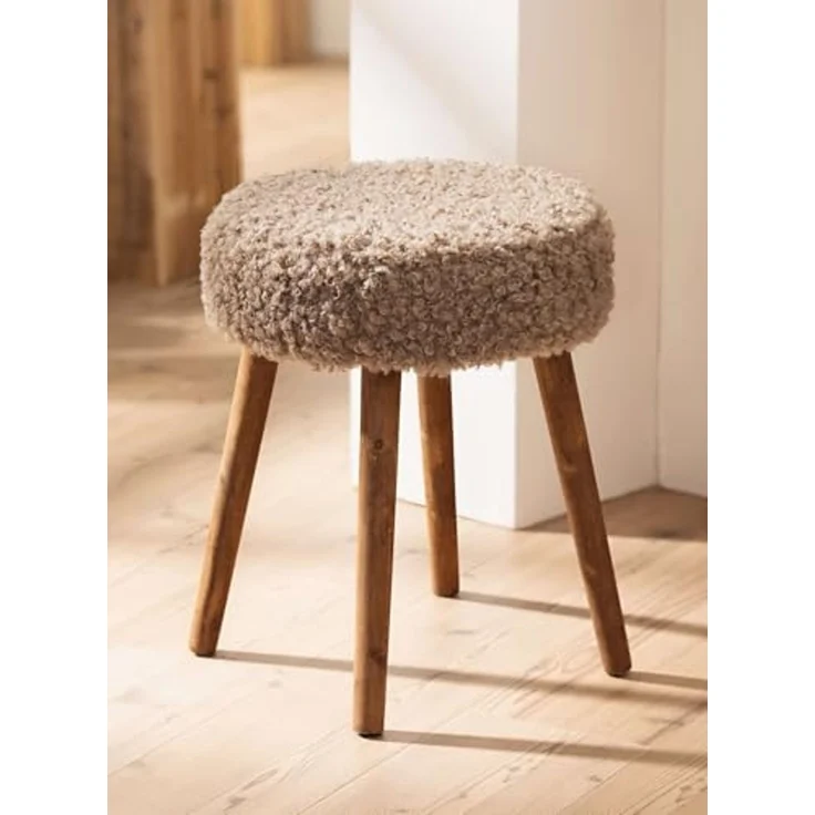 Dekoleidenschaft Polsterhocker "Schaffell" Holz & Kunstfell Ø 35 x 45 cm, Hocker Sitzhocker Fußhocker – Bild 1