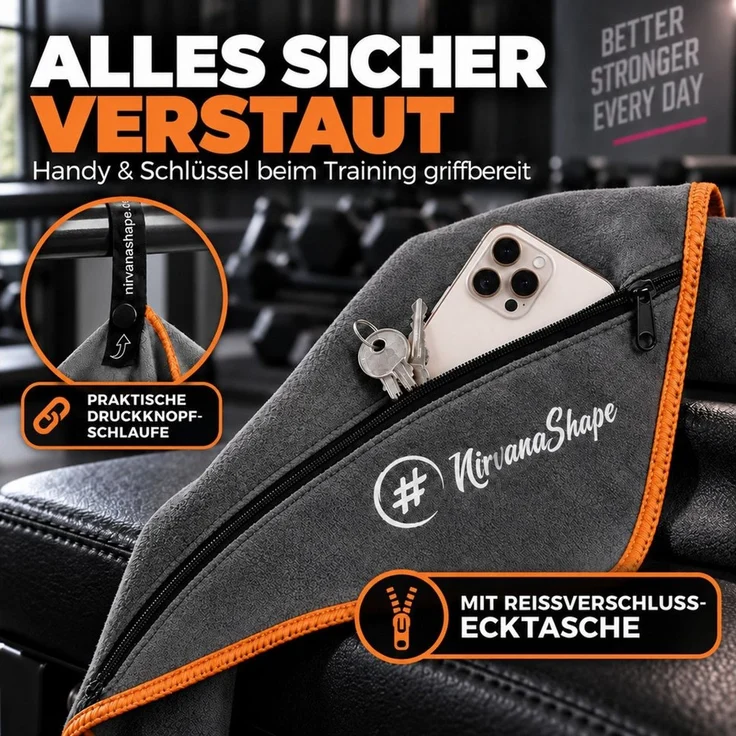 NirvanaShape Sporthandtuch NirvanaShape Mikrofaser Fitnesshandtuch mit Ecktasche und Knöpfen, saugfähig, leicht, schnelltrocknend, für Reisen, Fitness, Yoga, Sauna – Bild 3