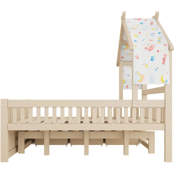 Hausbett mit Ausziehbett, Schubladen, Lattenrost, Zaun und Dach, 140x200 cm, Kinderbett mit Rausfallschutz, Kiefer – Bild 6