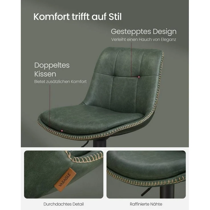 Vasagle Barhocker 2er Set, Barstühle höhenverstellbar, drehbare Küchenhocker, gesteppter PU-Bezug, mit Rückenlehne und Fußstütze, Esszimmer, Theke, Stahl, waldgrün LJBDE095C01 – Bild 3