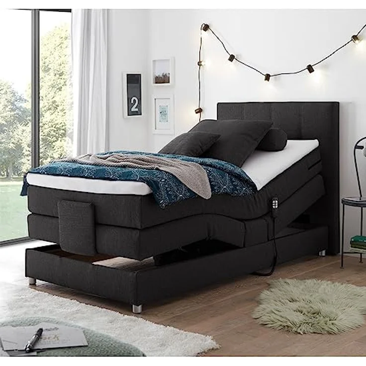 Lomadox Boxspringbett MANAUS-09, Jugendbett 120x200 cm, anthrazit, elektrisch verstellbar, Taschenfederkern-Matratze – Bild 2