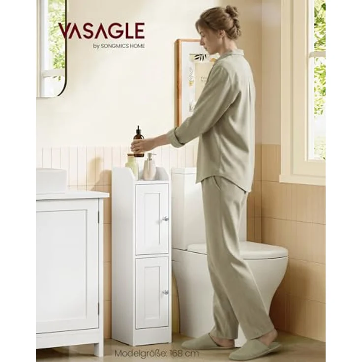 VASAGLE Siren Kollektion - Badezimmerschrank schmal, Badschrank, Eckschrank, verstellbare Ablagen, Hochschrank Bad, Türen nach Links oder rechts öffnend, Landhausstil, wolkenweiß BBK312WB02 – Bild 3