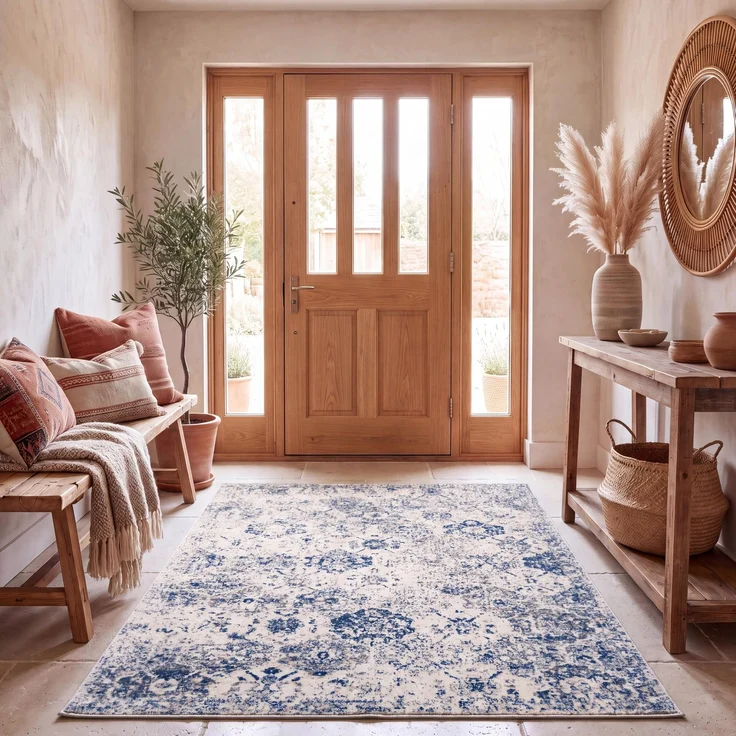 SAFAVIEH Distressed Teppich für Wohnzimmer, Esszimmer, Schlafzimmer - Madison Collection, Kurzer Flor, Weiß und Königsblau, 201 X 279 cm