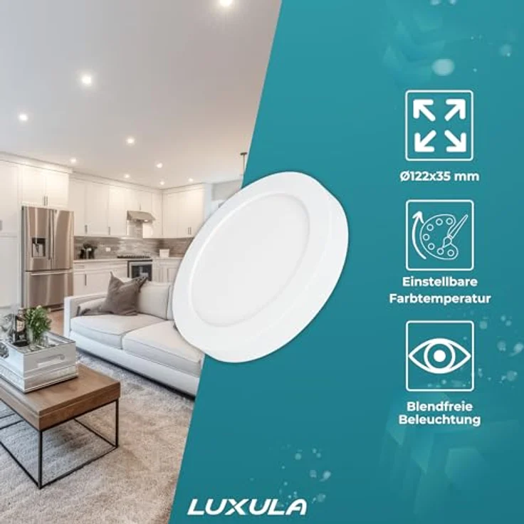 LUXULA LED Aufbauleuchte CIRCLE, 6W 525lm, ø122x35mm, einstellbare Farbtemperatur 3000K-6000K, matt, rund, Spot Aufbaupanel mit Diffusor – Bild 2