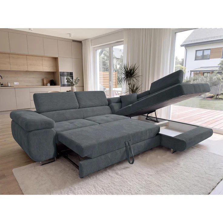 AX LIVING Konak Cord-Schlafsofa R Dunkelgrau 276 cm mit Bettkasten & Kopfstützen – Bild 3