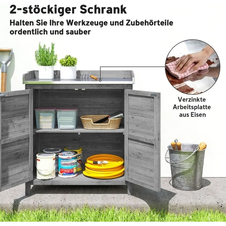 Gartenschrank mit Pflanztisch, 92 cm hoch, aus Fichtenholz mit verzinkter Arbeitsplatte, grau – Bild 7