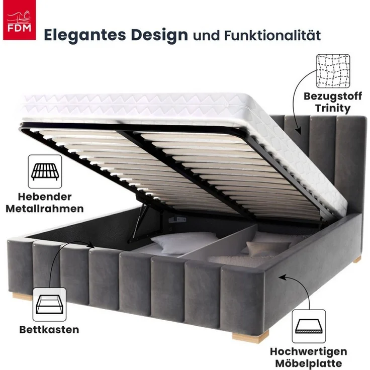 FDM Polsterbett modern mit Bettkasten MADE IN EU - mit hochwertigem Velours Bezug (verfügbar 90x200 120x200 140x200 160x200 180x200cm, Bettrahmen, Bett, mit großen gepolsterten Kopfteil, mit Bettkasten zum aufklappen), Hebbarer Metallrahmen, Bettkasten... – Bild 2