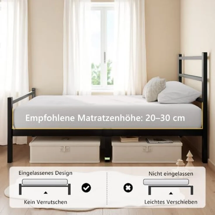 Feonase Einzelbettgestell aus Metall mit stilvollem Kopfteil und Fußteil, Einzelbettgestell, einfache Montage, reichlich Stauraum unter dem Bett (schwarz, 90x200 cm) – Bild 7