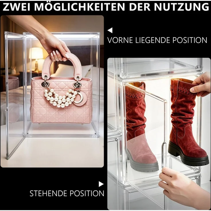 XERSEK Vitrine LED Transparente Schuhbox Acryl Displaybox Organizer Aufbewahrungsbox (Set, 2-St, 44×33×33cm Stapelfähig mit Magnettür) für Modelle Spielzeug Handtasche – Bild 2