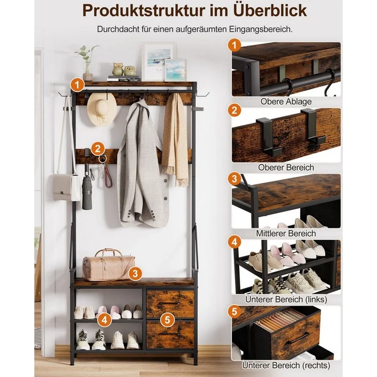 Yorbay Kleiderständer Garderobenständer mit Schuhregal & Sitzbank – 17 Haken, 2 Schuhreihen, (80x30x180 cm), 2 Stoffschubladen,Flurgarderobe für Diele, Wohnzimmer – Bild 4