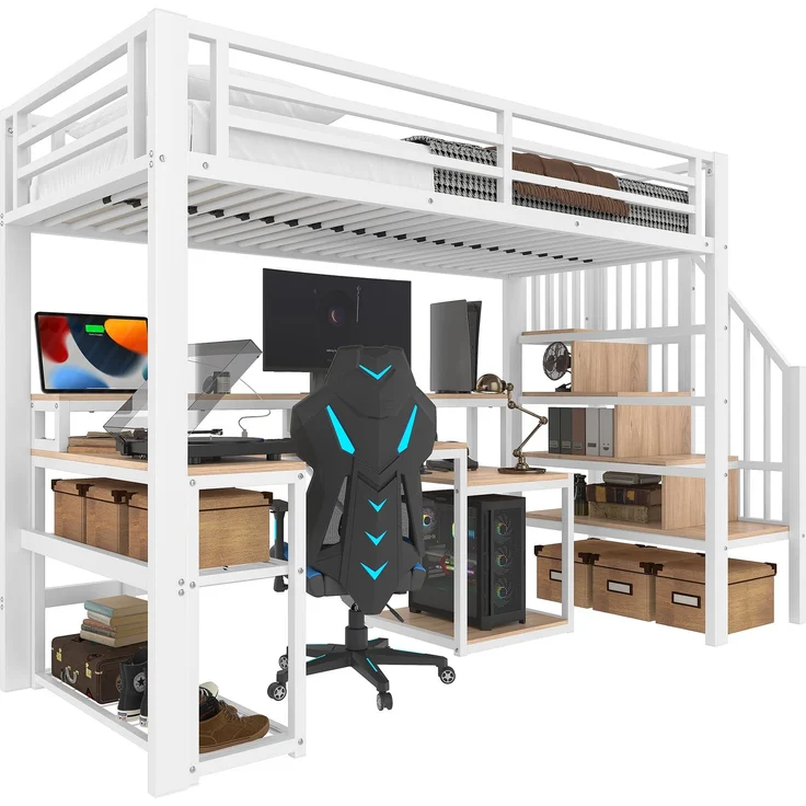 U-life Hochbett 90x200 cm, Eisenrahmen, Ablagefach, Treppenkonstruktionen, Sicherheitsgeländer, Metall, Weiß – Bild 7