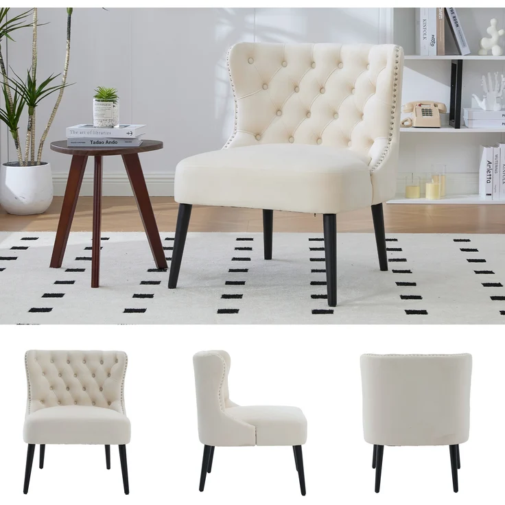 LVHOM Polsterstuhl aus Samt, Esszimmerstühle mit Knopfheftung, ohne Armlehnen, Massivholz Beine, Für Wohnzimmer, Büro & Schlafzimmer, Beige – Bild 8