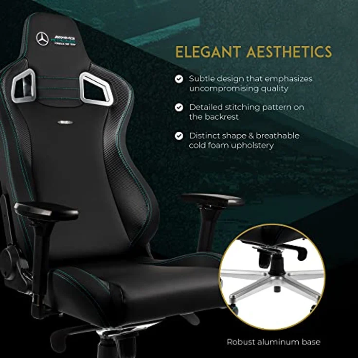 noblechairs Epic Gaming Chair, Bürostuhl Ergonomisch, Schreibtisch Stuhl, Gaming Stuhl, PU Leder Hybrid Bezug, Belastbarkeit 120, Mercedes AMG Petronas, Formula One Team 2021 Edition – Bild 8