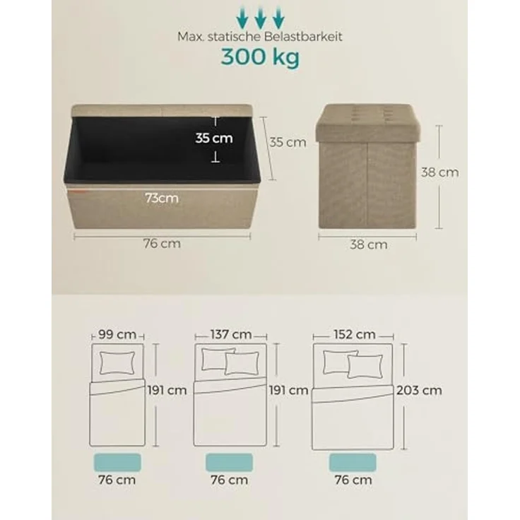 Songmics Sitzbank mit Stauraum, klappbare Sitztruhe, Aufbewahrungsbox, 38 x 76 x 38 cm, Deckel klappbar, bis 300 kg belastbar, für Flur, Wohnzimmer, Schlafzimmer, Kamelbraun LSF046K01 – Bild 3