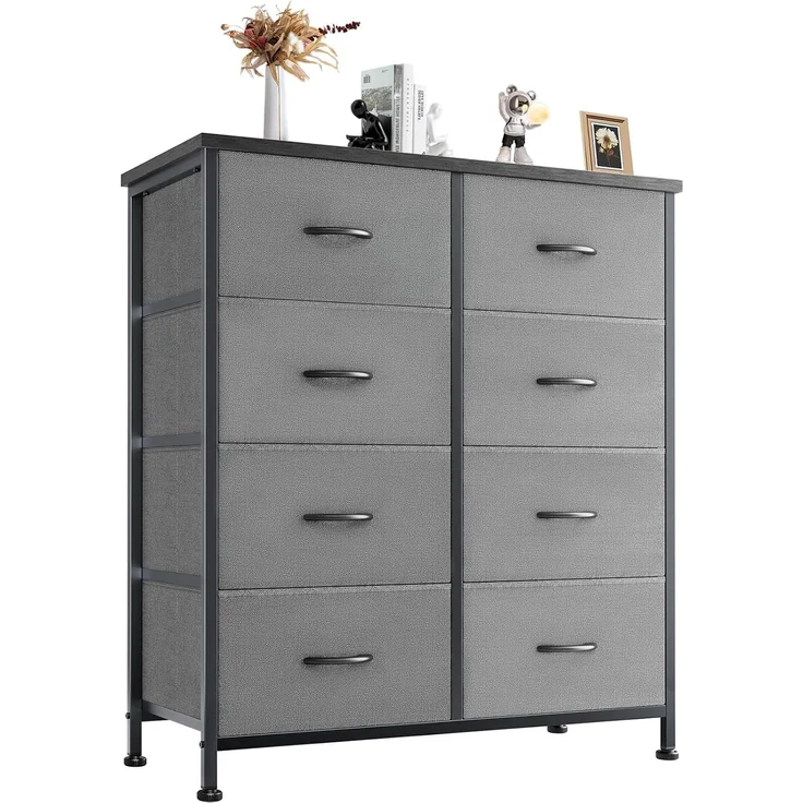 DUMOS Kommode für Schlafzimmer mit 8 Stoffschubladen, hohe Kommode Organizer für Kleidung, Schrank Kinderzimmer, Aufbewahrungsturm mit Schrank, Metallrahmen, Holzplatte, leichte Kinderzimmermöbel