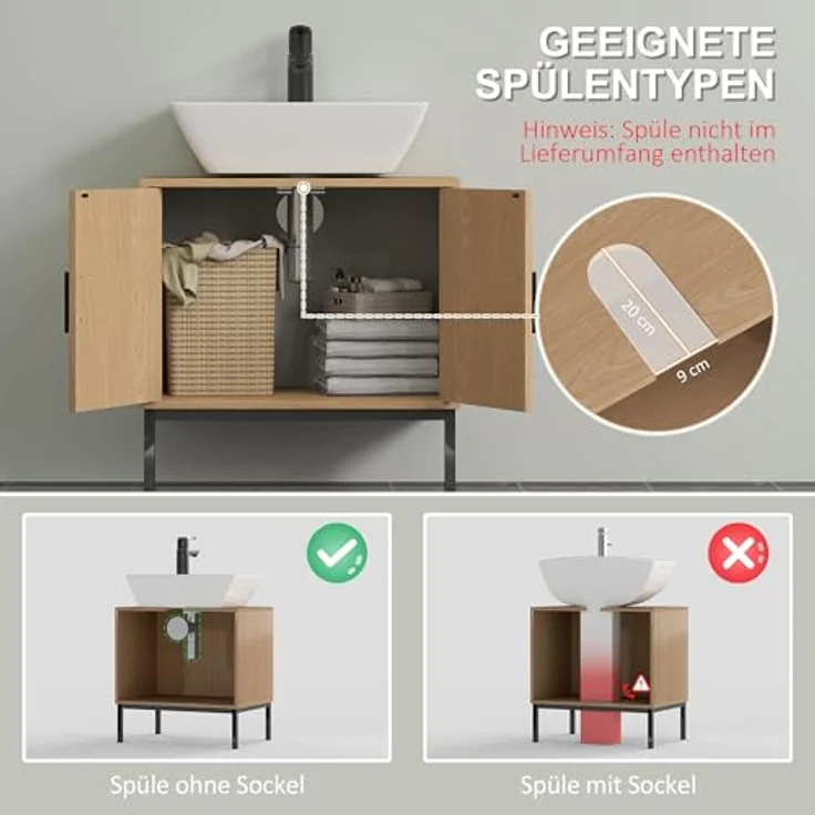 kleankin Waschbeckenunterschrank Unterschrank mit Schrankfach, Waschtischunterschrank mit Rattanoptik, Badunterschrank mit Kippschutz, Eiche, 60 x 39 x 60 cm – Bild 5