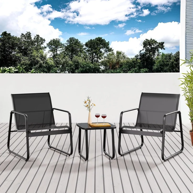 Bealife 3-teiliges Balkon-Set, 3-teiliges Bistro-Set aus Textilene-Stoff, 2 Sessel und 1 Tisch aus gehärtetem Glas, für Garten, Terrasse, Balkon – Bild 9